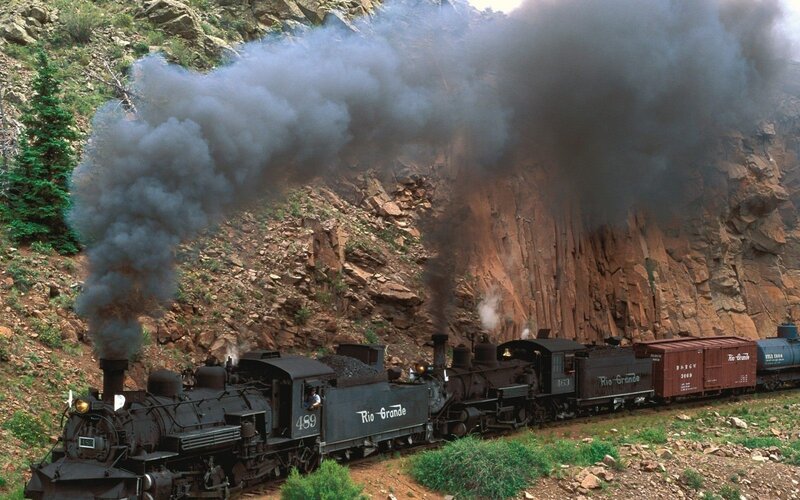 Steam Train in Canyon — Black, Dramatic, Afternoon, Photograph, Smoke, Rocky Cliff, Trees