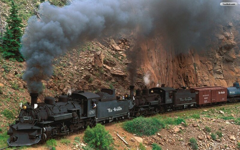 Steam Train in Canyon — Black, Dramatic, Afternoon