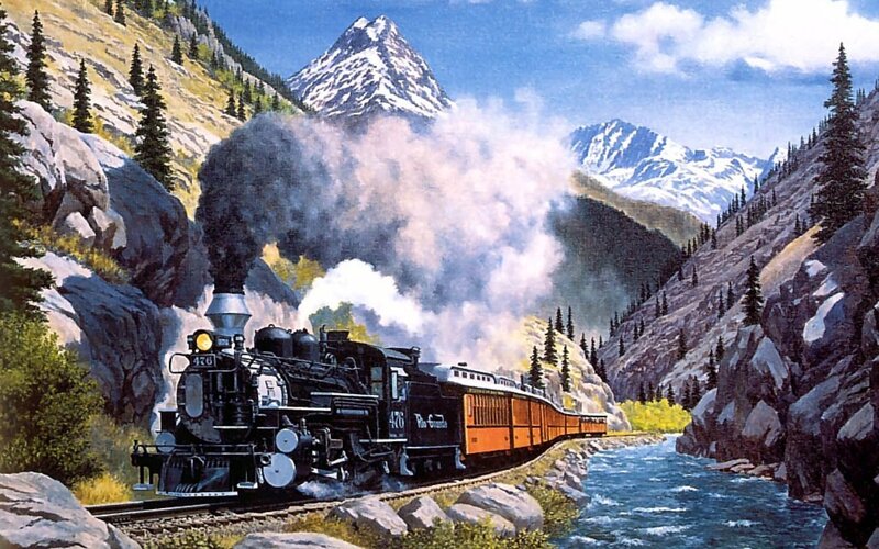 Steam Train in Canyon — Black, Dramatic