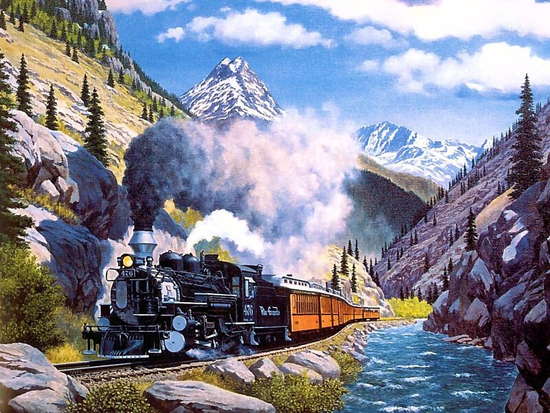 Steam Train in Canyon — Blue, Dramatic, Afternoon, Painting, Mountains