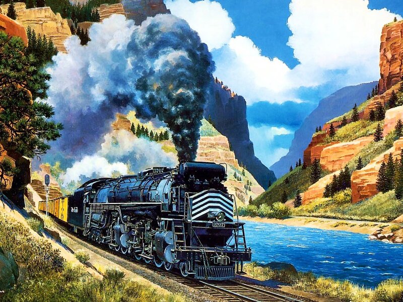 Steam Train in Canyon — Blue, Dramatic, Afternoon, Painting