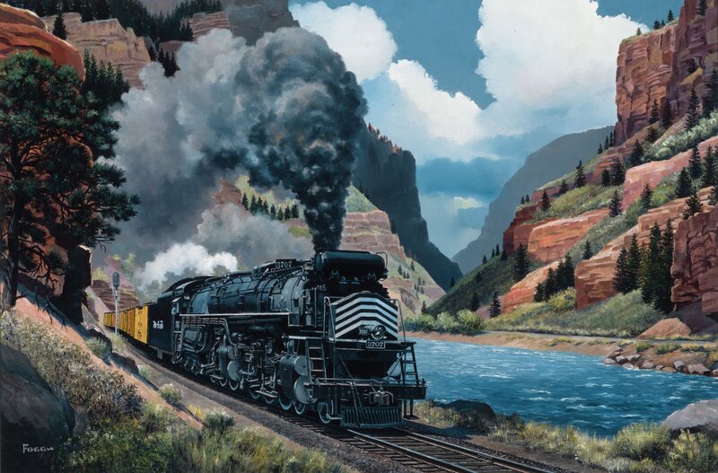 Steam Train in Canyon — Blue, Dramatic, Afternoon