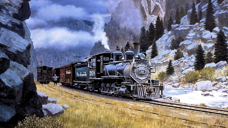 Steam Train in Canyon — Blue, Dramatic
