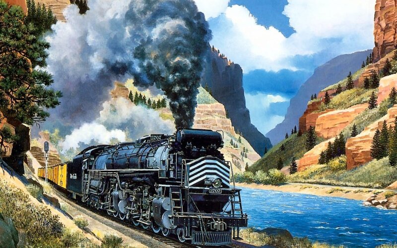 Steam Train in Canyon — Blue