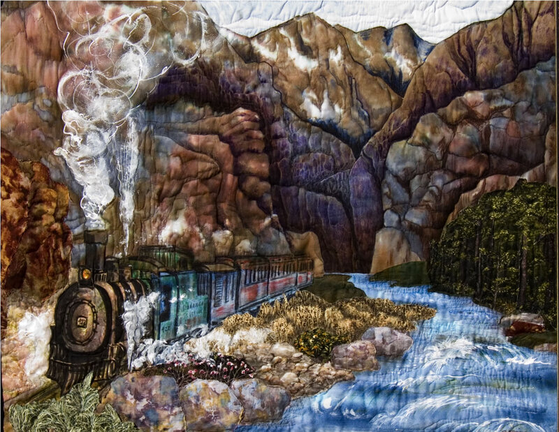 Steam Train in Canyon — Brown, Dramatic, Quilt Art