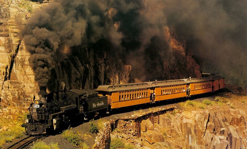Steam Train in Canyon — Brown, Dramatic
