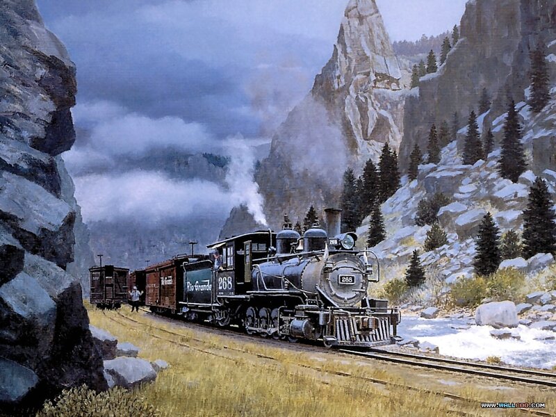 Steam Train in Canyon — Gray