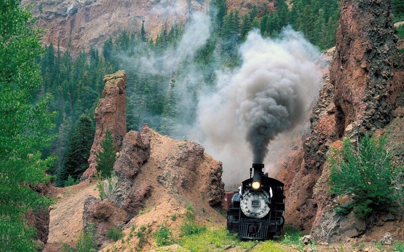Steam Train in Canyon — Green, Dramatic, Afternoon, Photograph, Smoke, Rock Formations