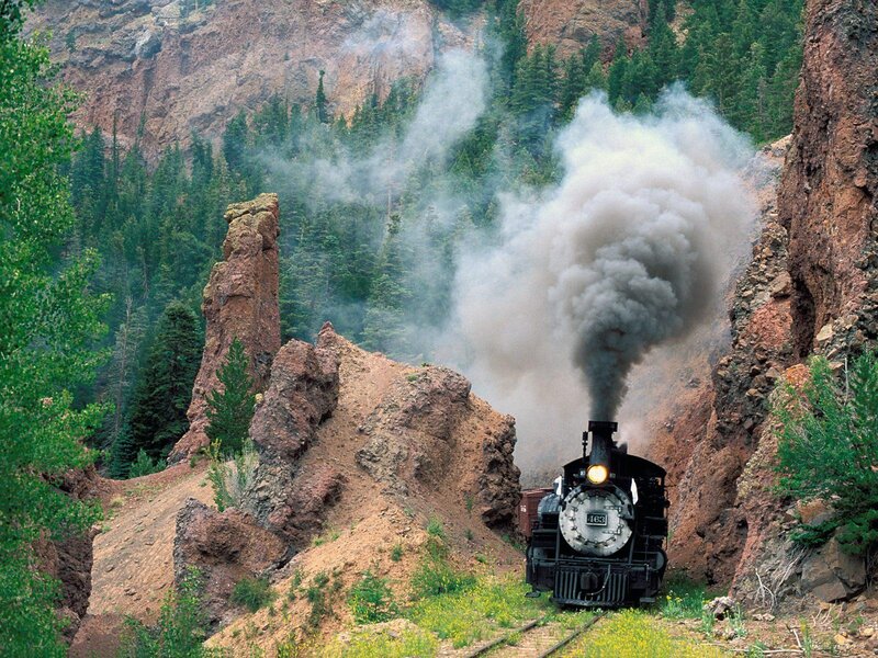 Steam Train in Canyon — Green, Dramatic, Afternoon, Photograph