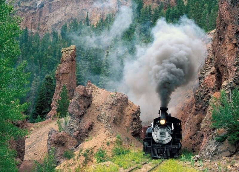 Steam Train in Canyon — Green, Dramatic, Afternoon