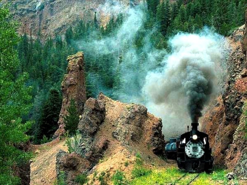 Steam Train in Canyon — Green, Dramatic, Photograph