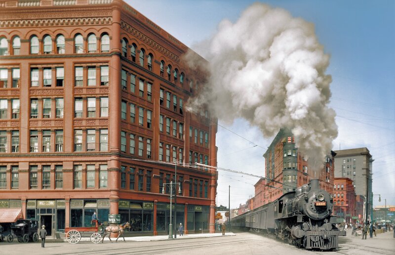 Steam Train in City