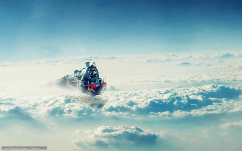 Steam Train in Clouds — Blue, Dreamy, Digital Art