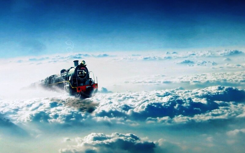 Steam Train in Clouds — Blue, Dreamy