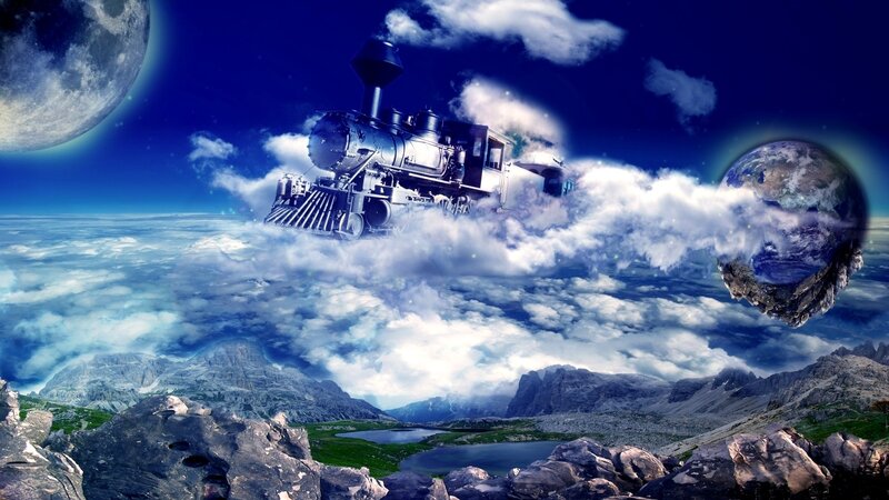 Steam Train in Clouds — Blue, Fantasy