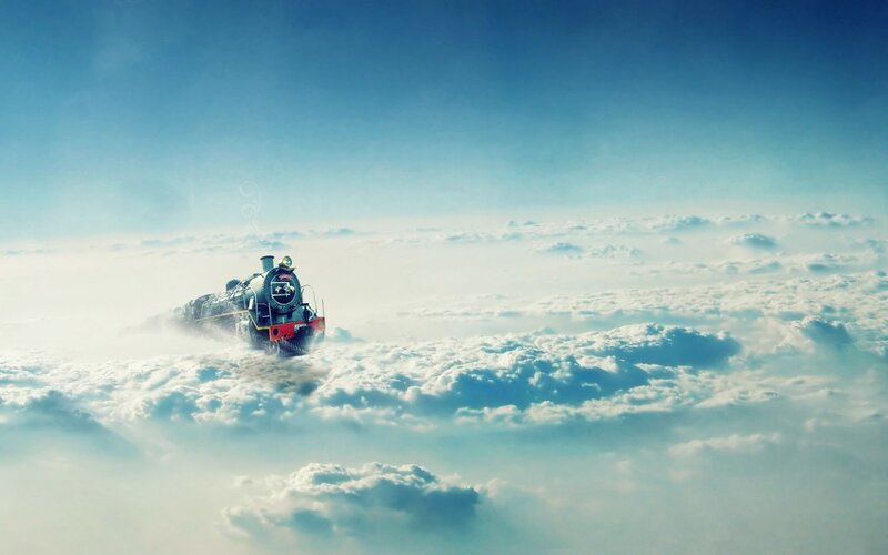Steam Train in Clouds — Blue, Serene, Digital Art, Sky, Smoke