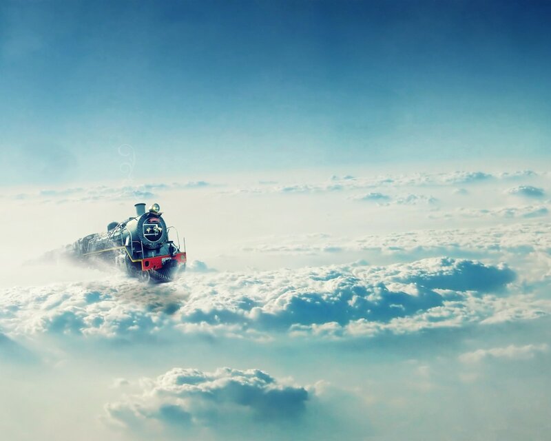 Steam Train in Clouds — Blue, Serene, Digital Art, Sky