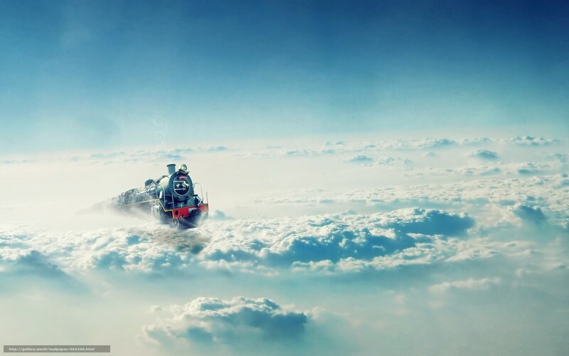Steam Train in Clouds — Blue, Serene, Digital Art