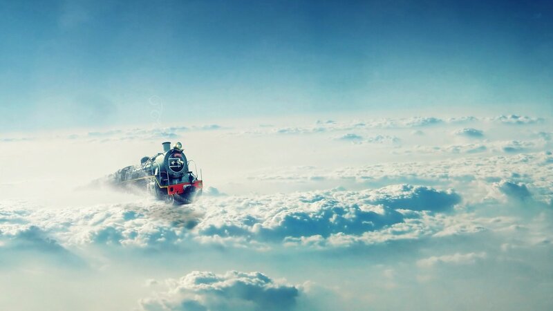Steam Train in Clouds — Blue, Serene, Morning