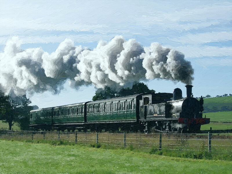 Steam Train in Countryside — Green, Serene