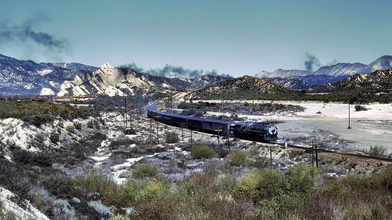 Steam Train in Desert — Blue, Dramatic