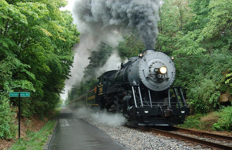 Steam Train in Forest — Green, Dramatic, Afternoon, Photograph