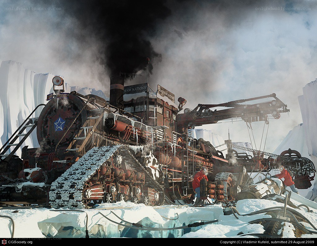 Steam train in icy landscape