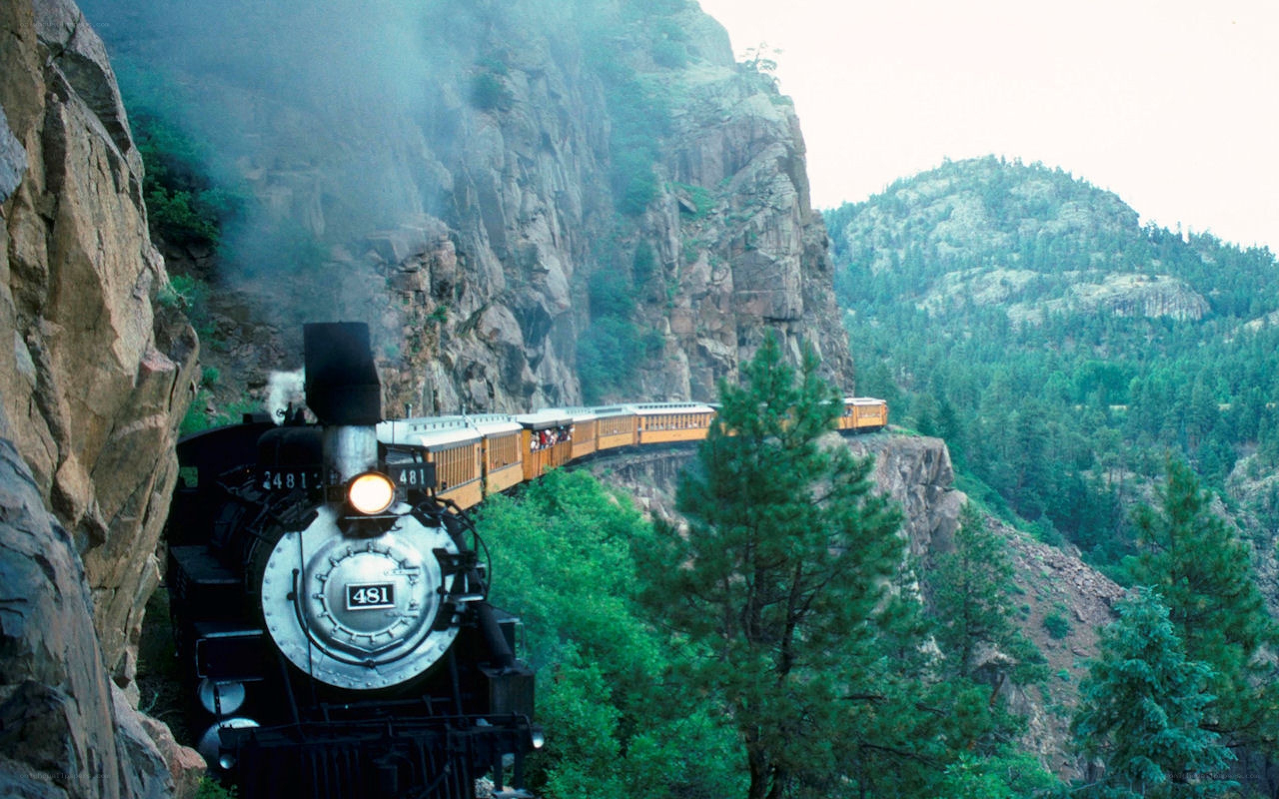 Steam train in mountain canyon