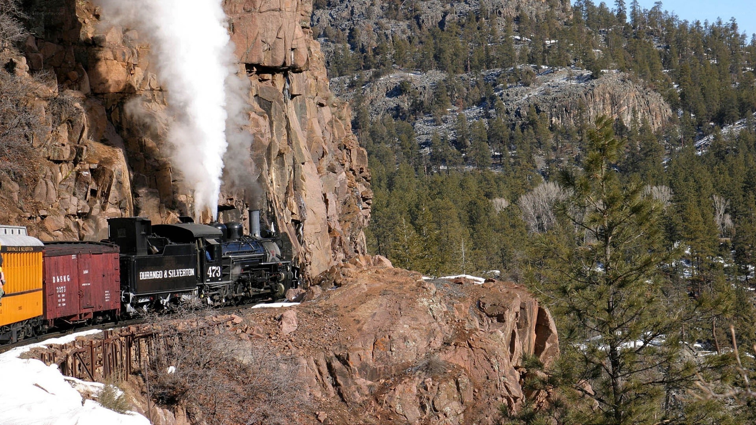 Steam train in mountain canyon