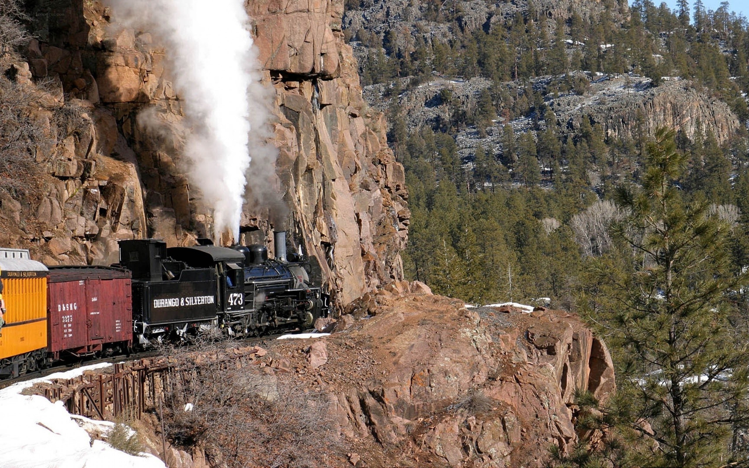 Steam train in mountain canyon