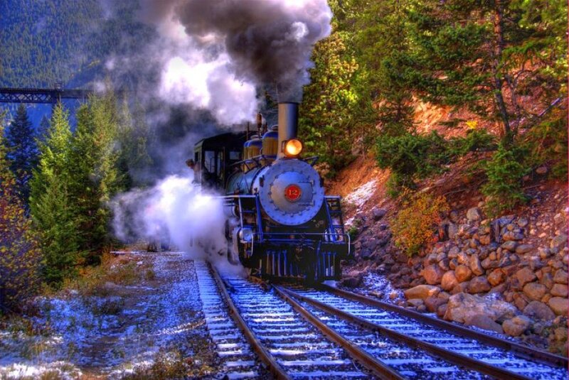 Steam train in mountain forest