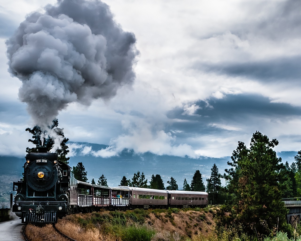 Steam train in mountain landscape