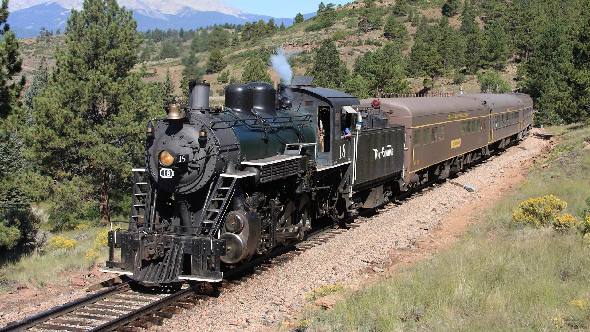 Steam train in mountain landscape