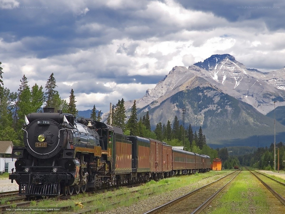 Steam train in mountain landscape