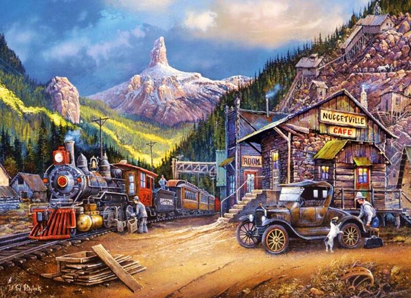 Steam Train in Mountain Town — Brown