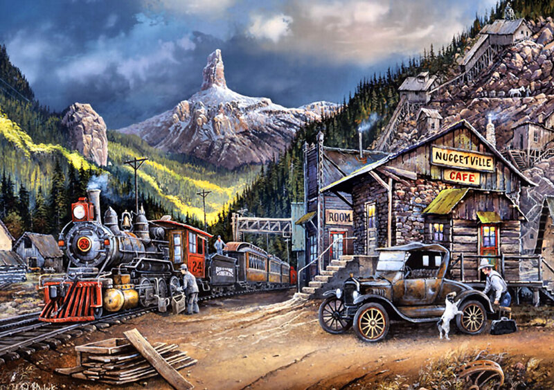 Steam Train in Mountain Town