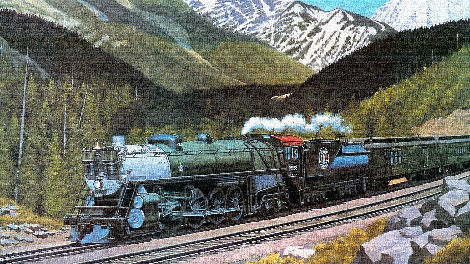 Steam train in mountain valley