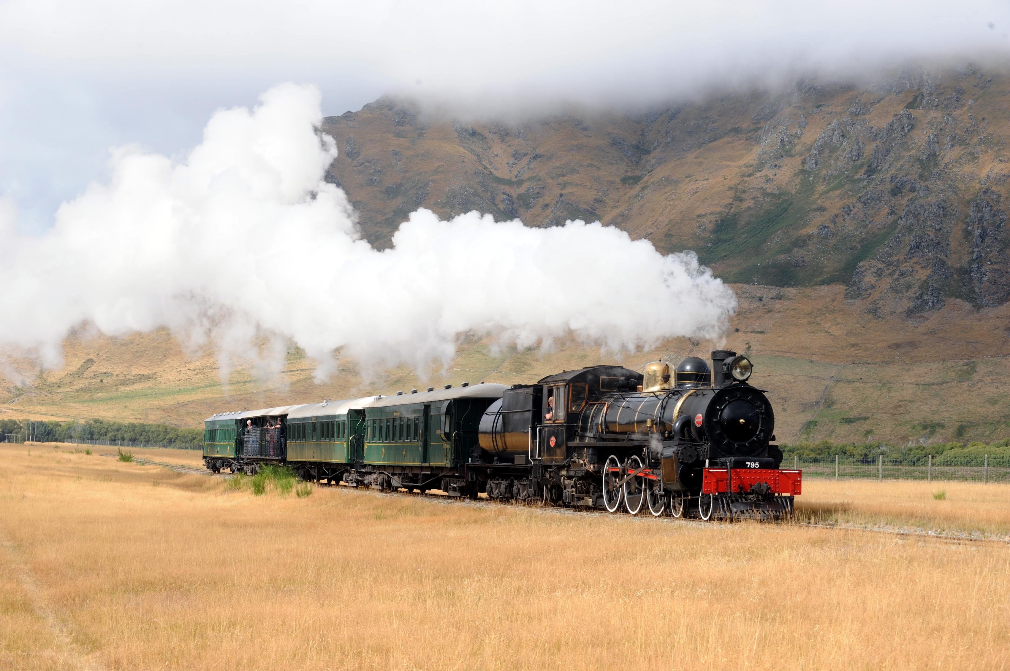 Steam train in mountain valley