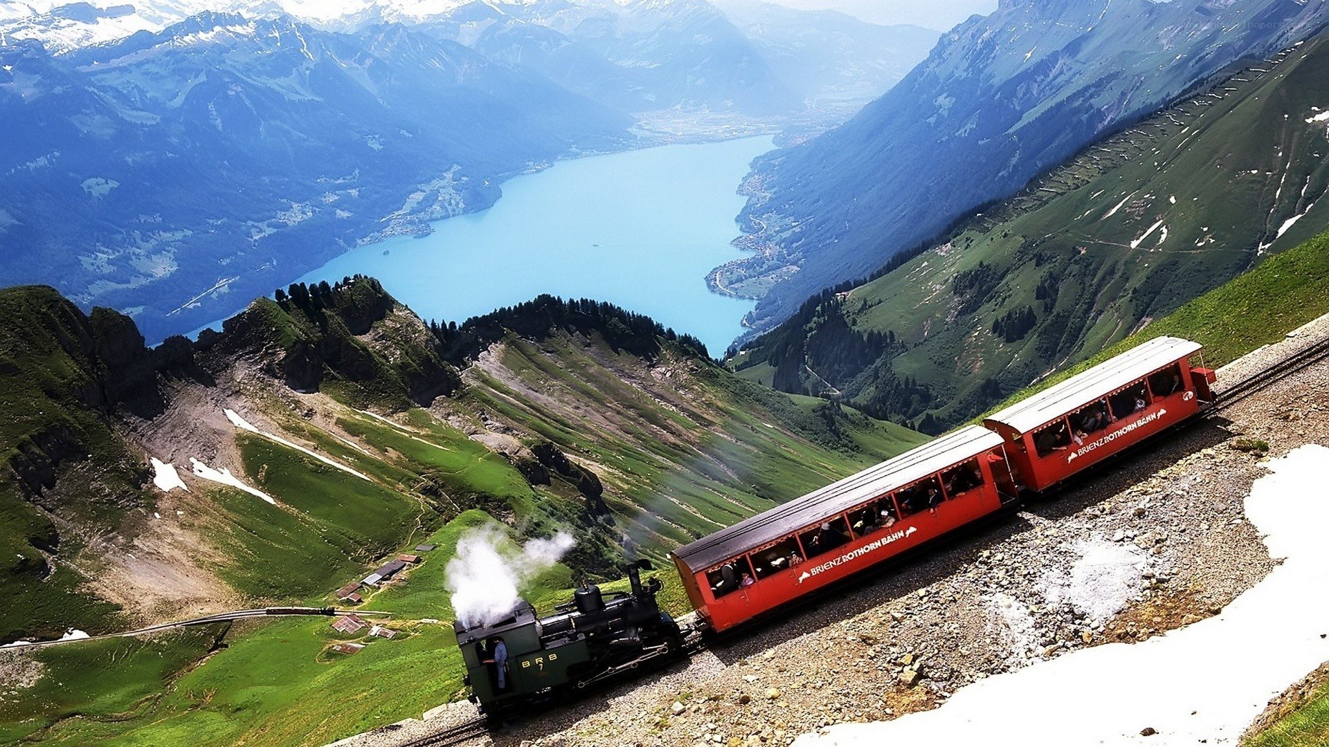 Steam train in mountain valley
