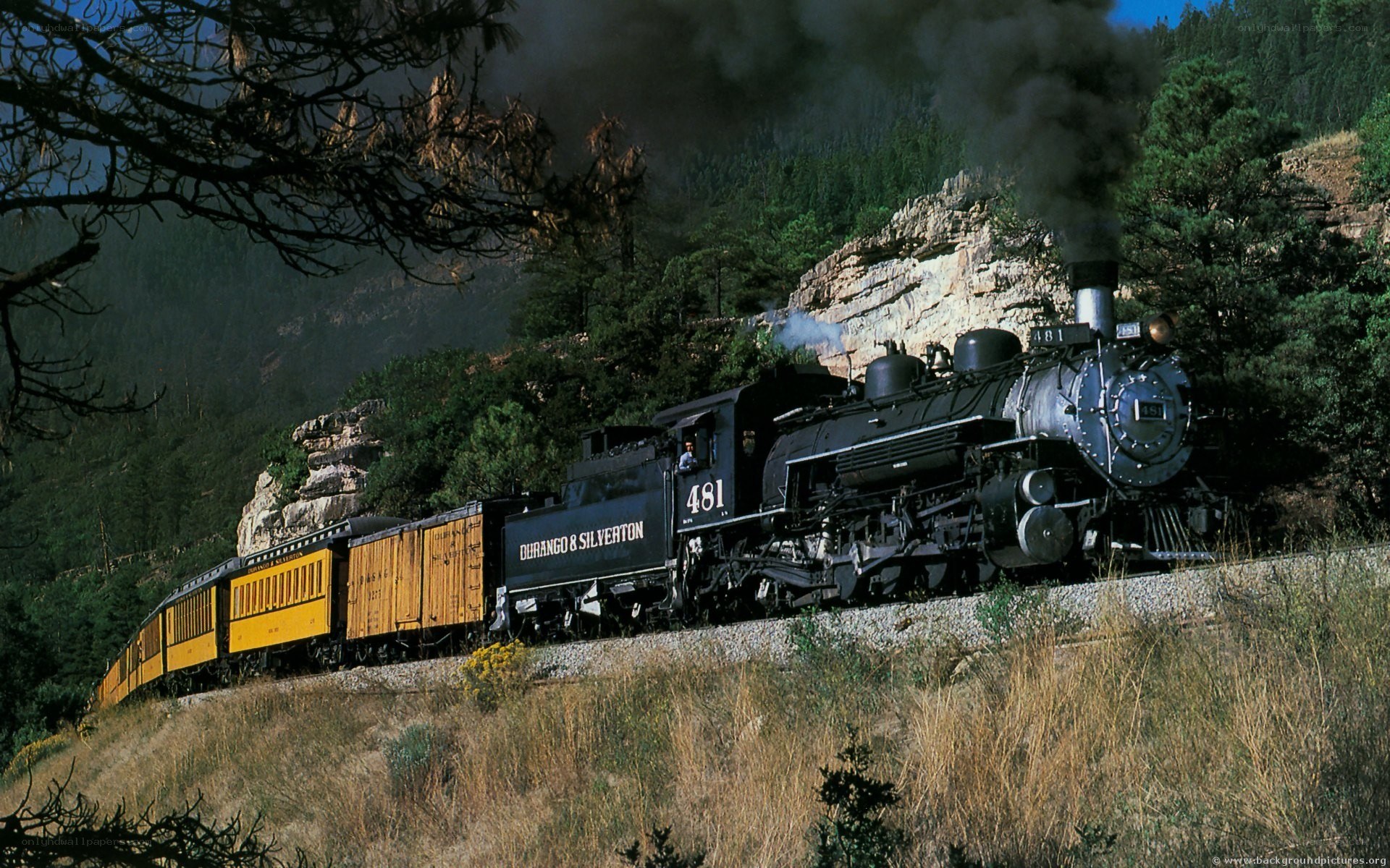 Steam train in mountainous terrain