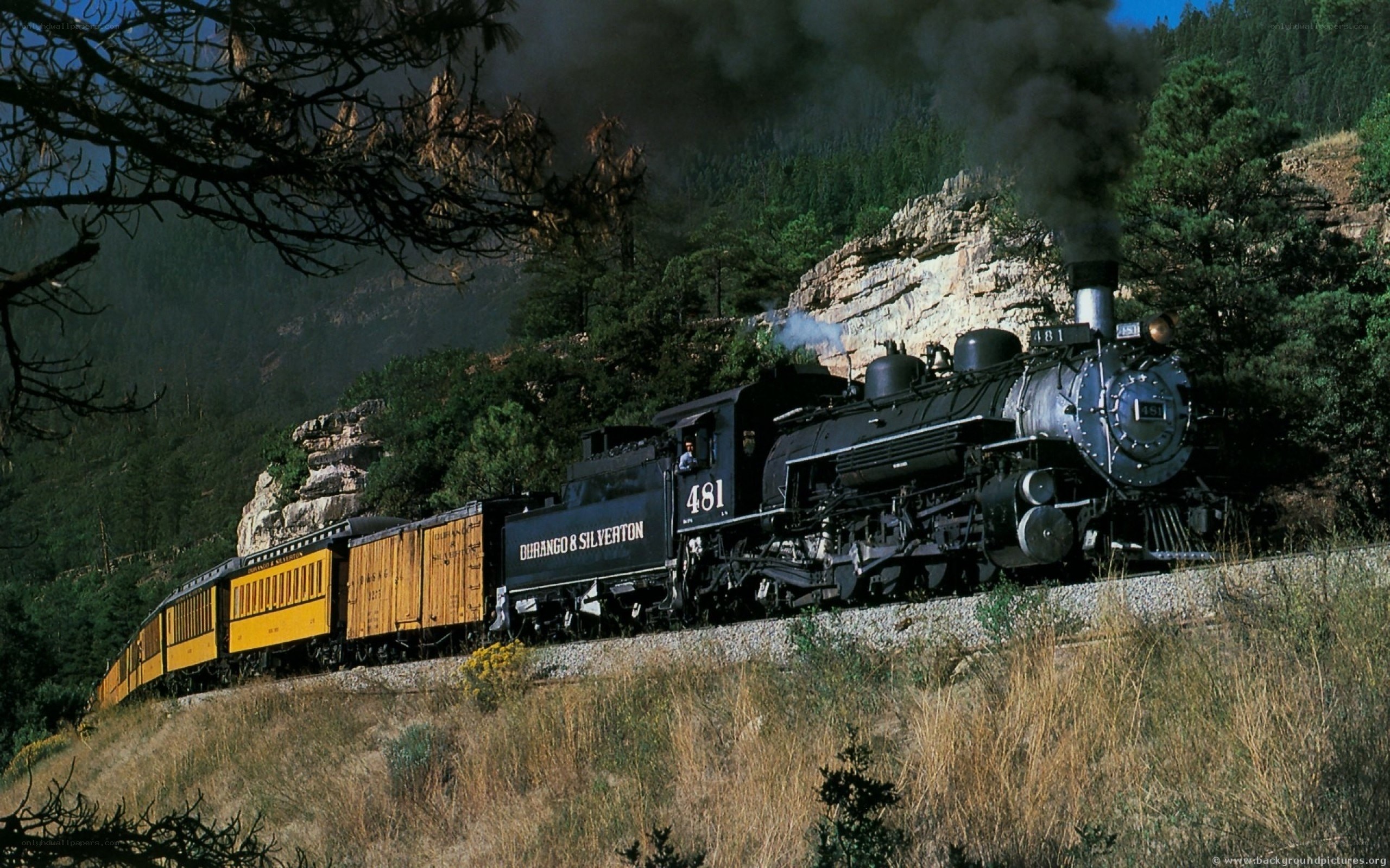 Steam train in mountainous terrain