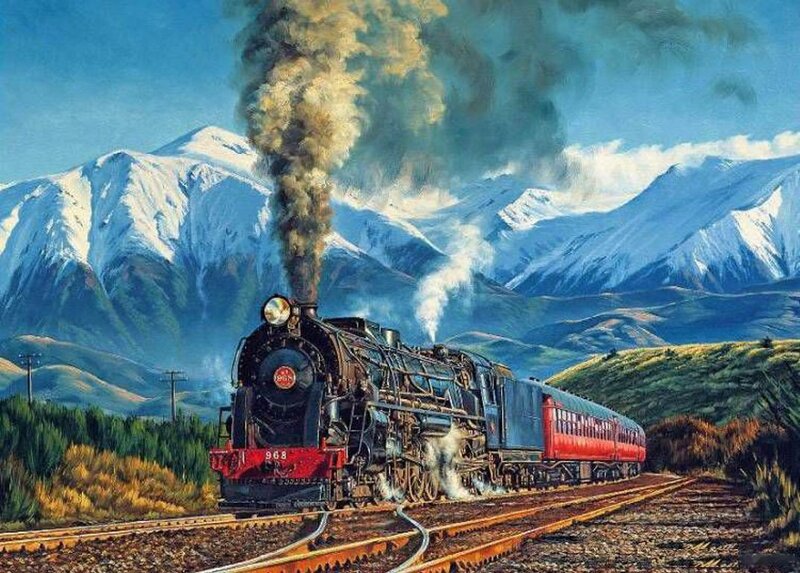Steam Train in Mountains — Blue, Dramatic, Afternoon