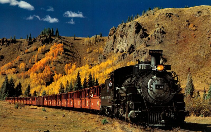 Steam Train in Mountains — Blue, Dramatic, Autumn