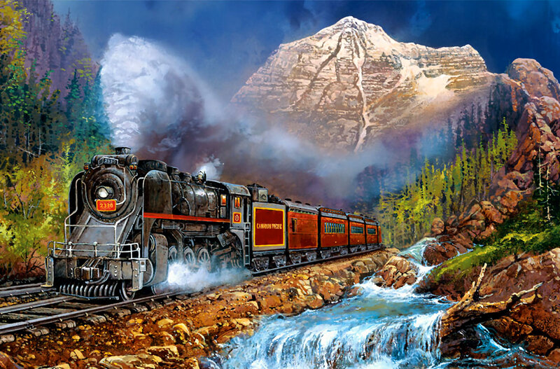 Steam Train in Mountains — Blue, Dramatic, Painting, Mountain, River