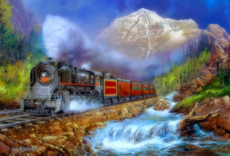 Steam Train in Mountains — Blue, Dramatic, Painting, Mountain