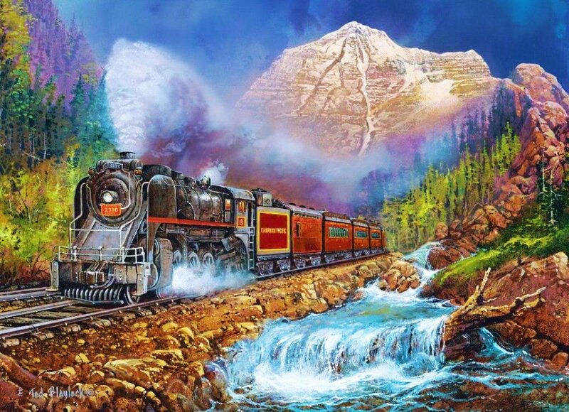 Steam Train in Mountains — Blue, Dramatic, Painting