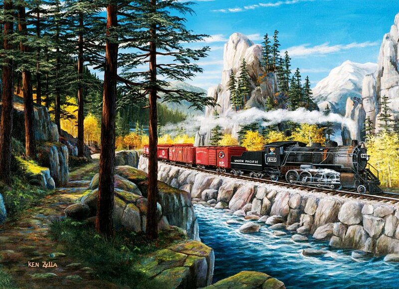 Steam Train in Mountains — Blue, Serene, Afternoon