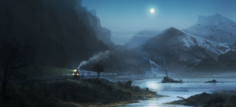 Steam Train in Mountains — Blue, Serene, Night