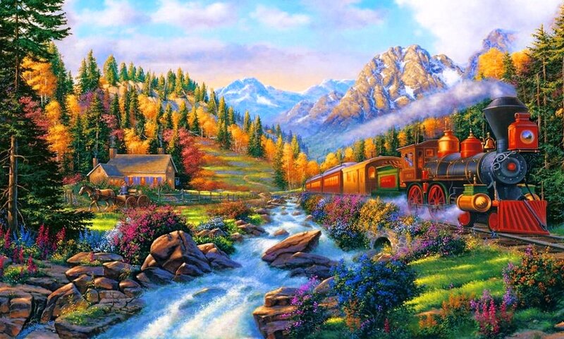 Steam Train in Mountains — Blue, Serene