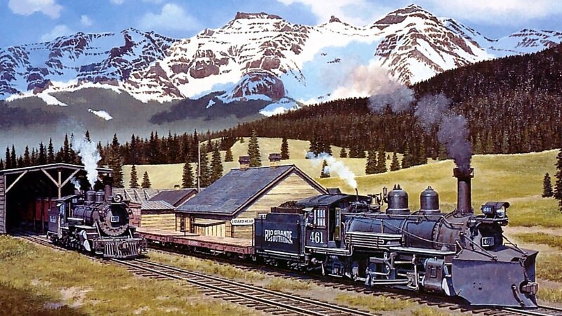 Steam Train in Mountains — Blue